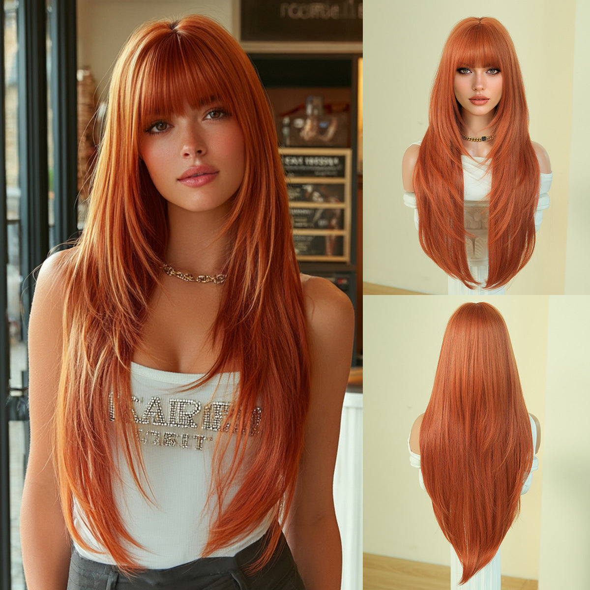 Light Gray Ultra Long Black Straight Wig - Everyday Fashion (Layered Cut Bangs) (FEVERCOS)