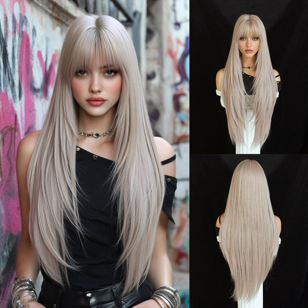Black Ultra Long Black Straight Wig - Everyday Fashion (Layered Cut Bangs) (FEVERCOS)
