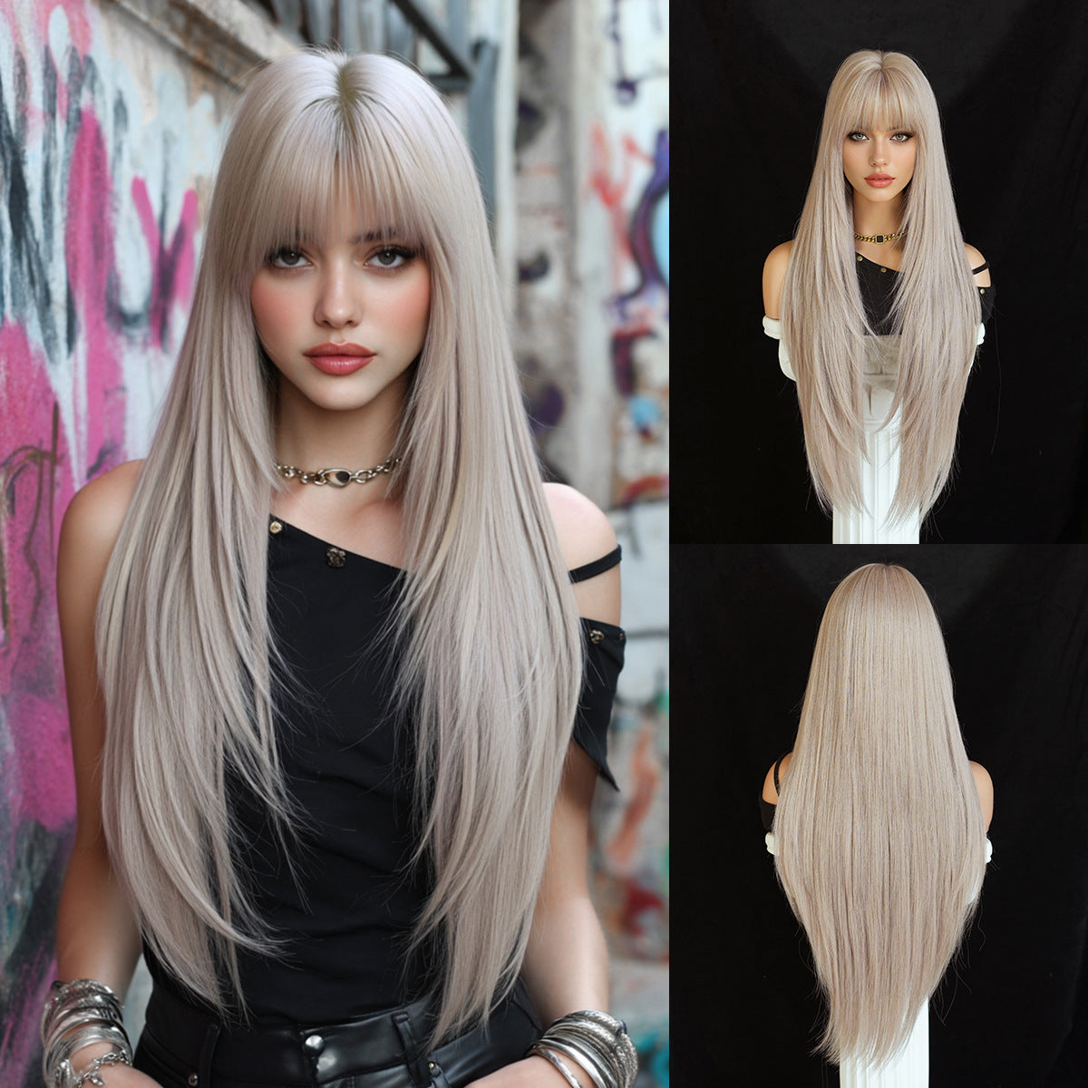 Black Ultra Long Black Straight Wig - Everyday Fashion (Layered Cut Bangs) (FEVERCOS)