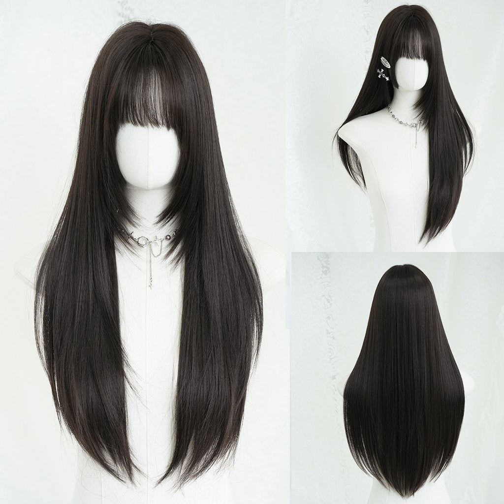 Lavender Ultra Long Black Straight Wig - Everyday Fashion (Layered Cut Bangs) (FEVERCOS)