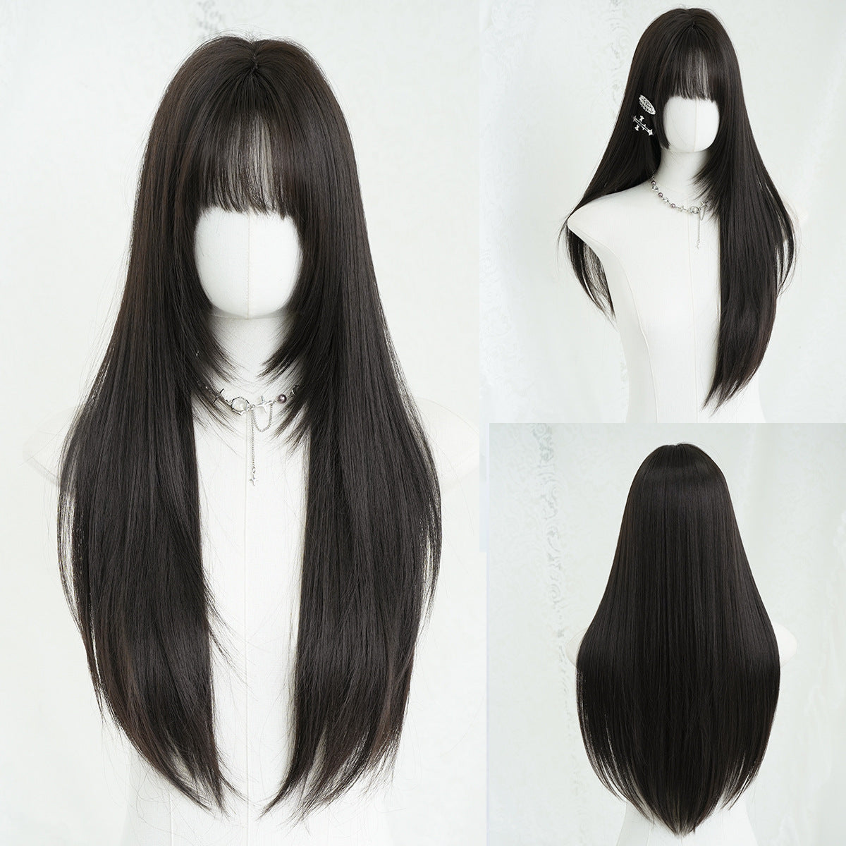 Lavender Ultra Long Black Straight Wig - Everyday Fashion (Layered Cut Bangs) (FEVERCOS)