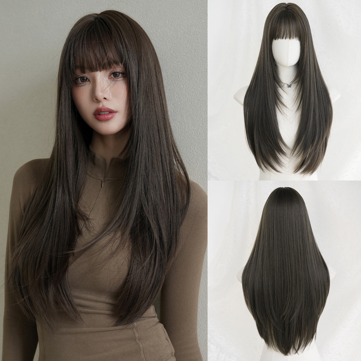 Lavender Ultra Long Black Straight Wig - Everyday Fashion (Layered Cut Bangs) (FEVERCOS)