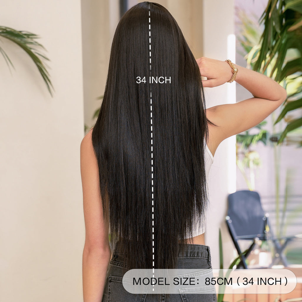 Light Gray Ultra Long Black Straight Wig - Everyday Fashion (Layered Cut Bangs) (FEVERCOS)