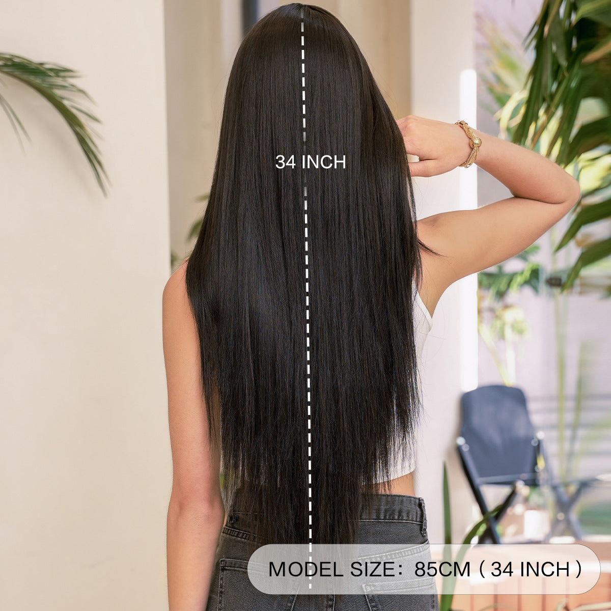 Light Gray Ultra Long Black Straight Wig - Everyday Fashion (Layered Cut Bangs) (FEVERCOS)