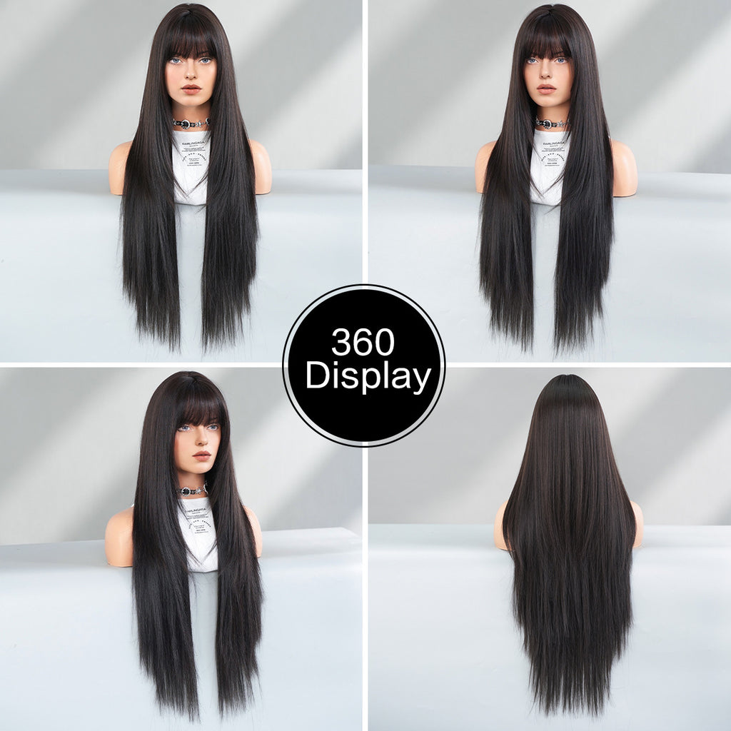 Lavender Ultra Long Black Straight Wig - Everyday Fashion (Layered Cut Bangs) (FEVERCOS)