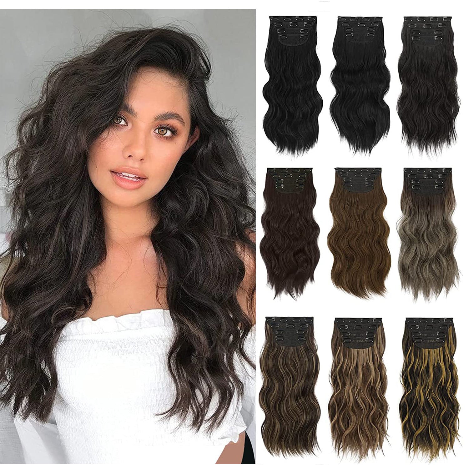 White Smoke Voluminous Water Wave 4-Piece Clip-In - Western Glamour (Long Curly Texture) Hair Extension