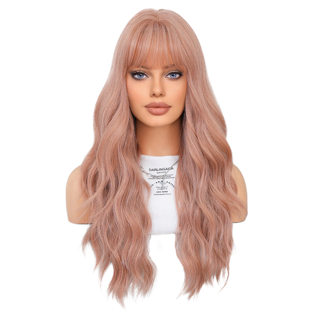 White Smoke Pink Brown Long Wavy Wig - Everyday Fashion (Viral Fluffy Bangs) (FEVERCOS)