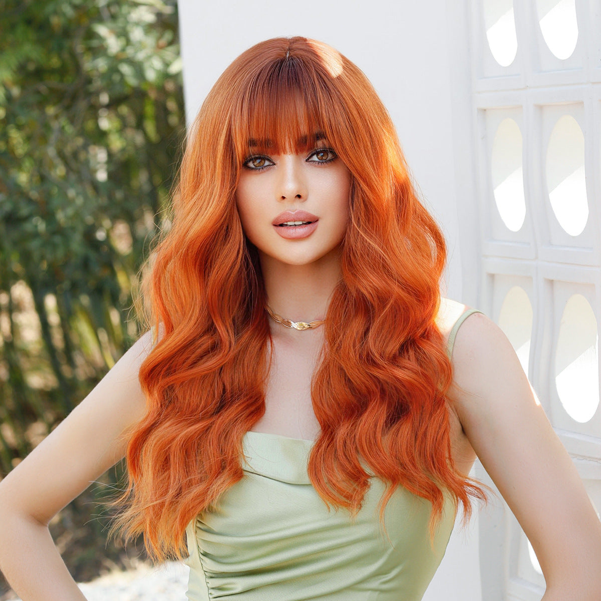 Light Gray Orange Ginger Long Wavy Wig - Street Fashion (Blunt Bangs) (FEVERCOS)
