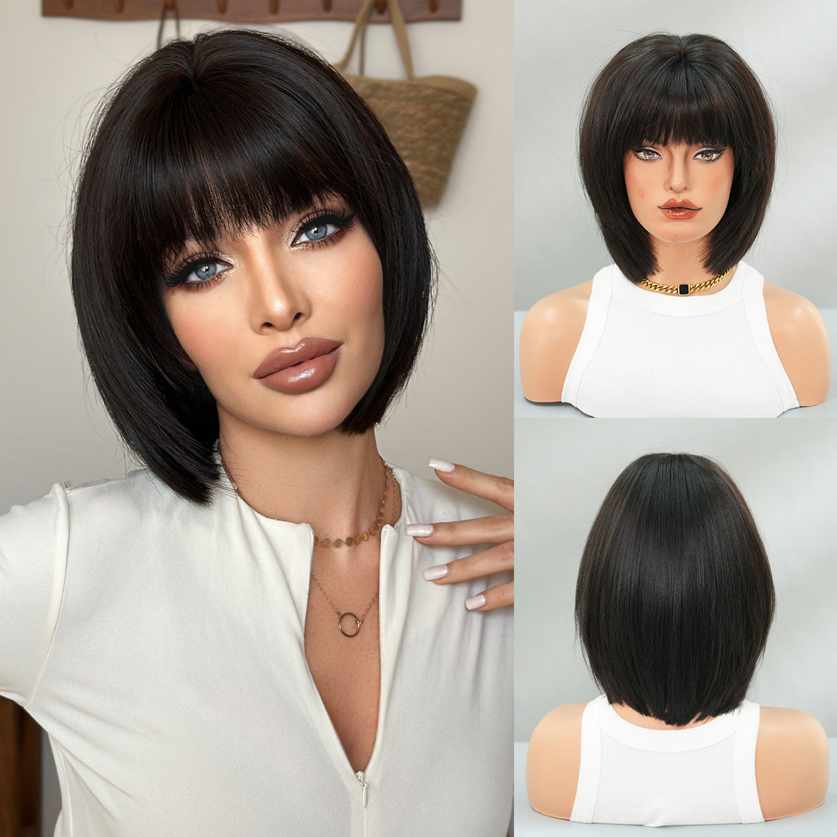 Light Gray Black Short Straight Bob Wig - Everyday Fashion (Inward Curve Bangs) (FEVERCOS)