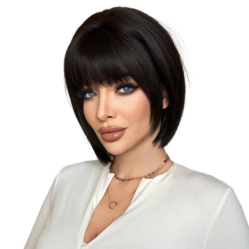 White Smoke Black Short Straight Bob Wig - Everyday Fashion (Inward Curve Bangs) (FEVERCOS)
