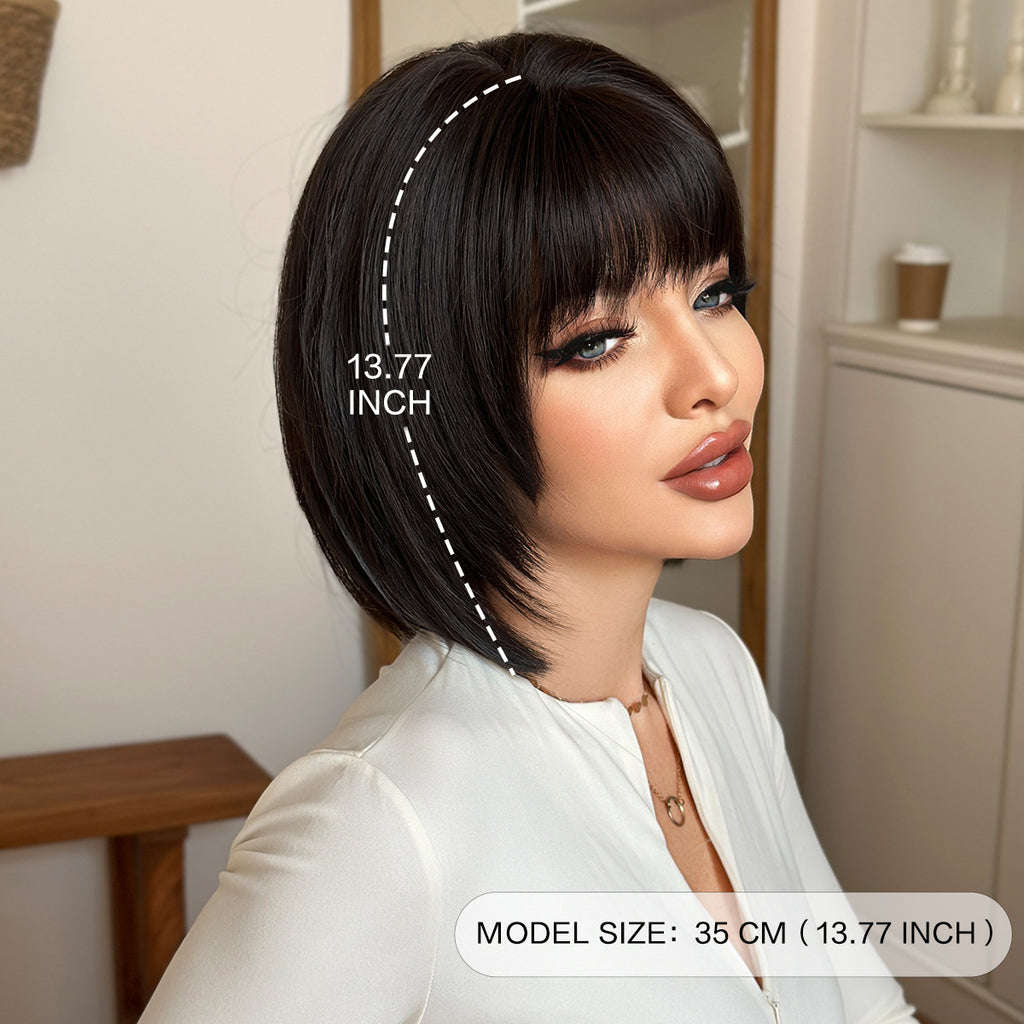 Gray Black Short Straight Bob Wig - Everyday Fashion (Inward Curve Bangs) (FEVERCOS)