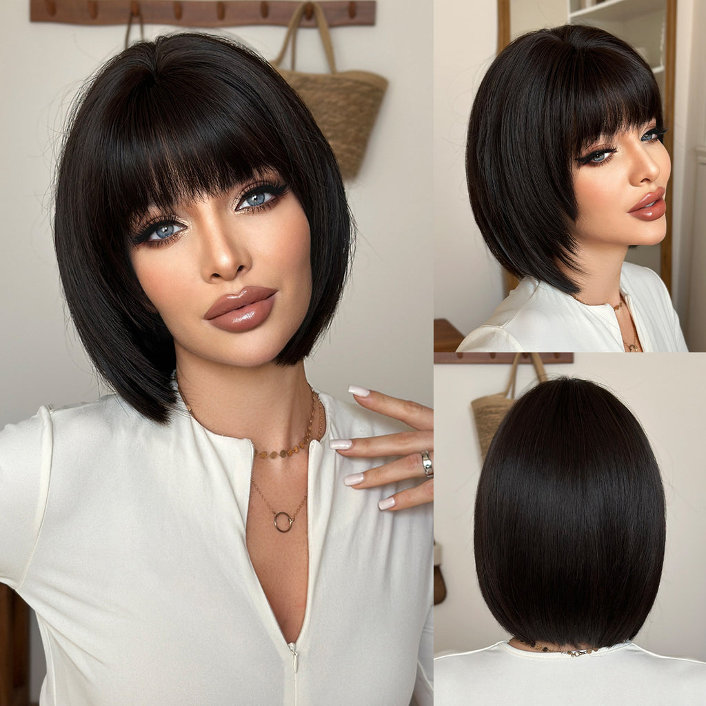 Gray Black Short Straight Bob Wig - Everyday Fashion (Inward Curve Bangs) (FEVERCOS)