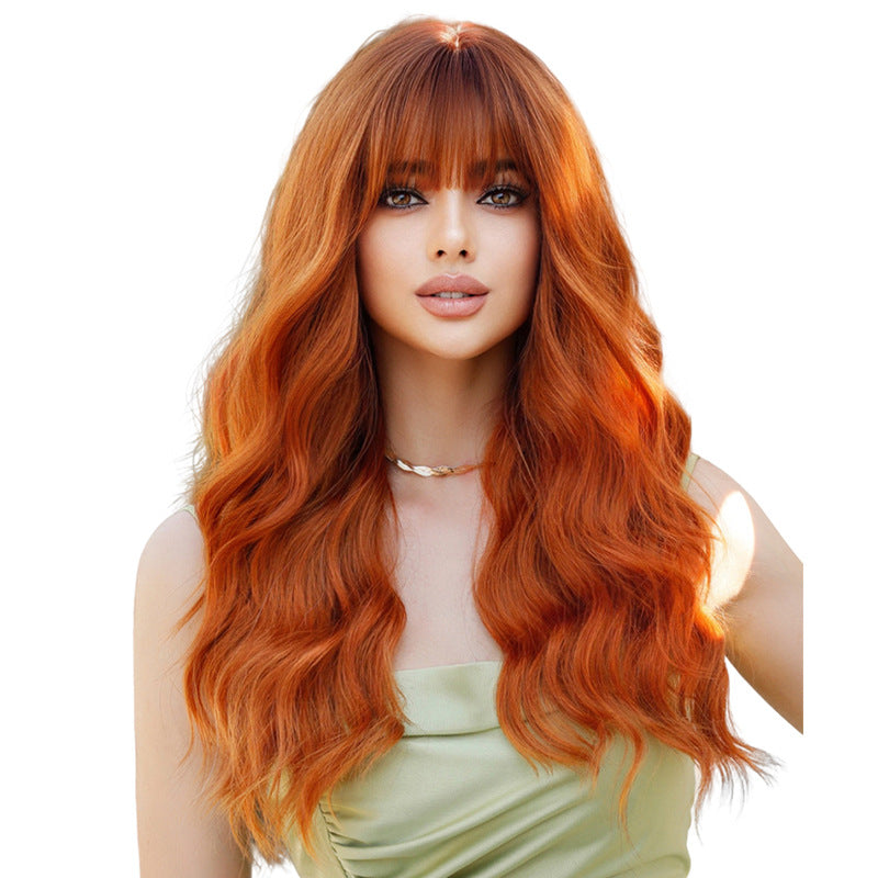 White Smoke Orange Ginger Long Wavy Wig - Street Fashion (Blunt Bangs) (FEVERCOS)