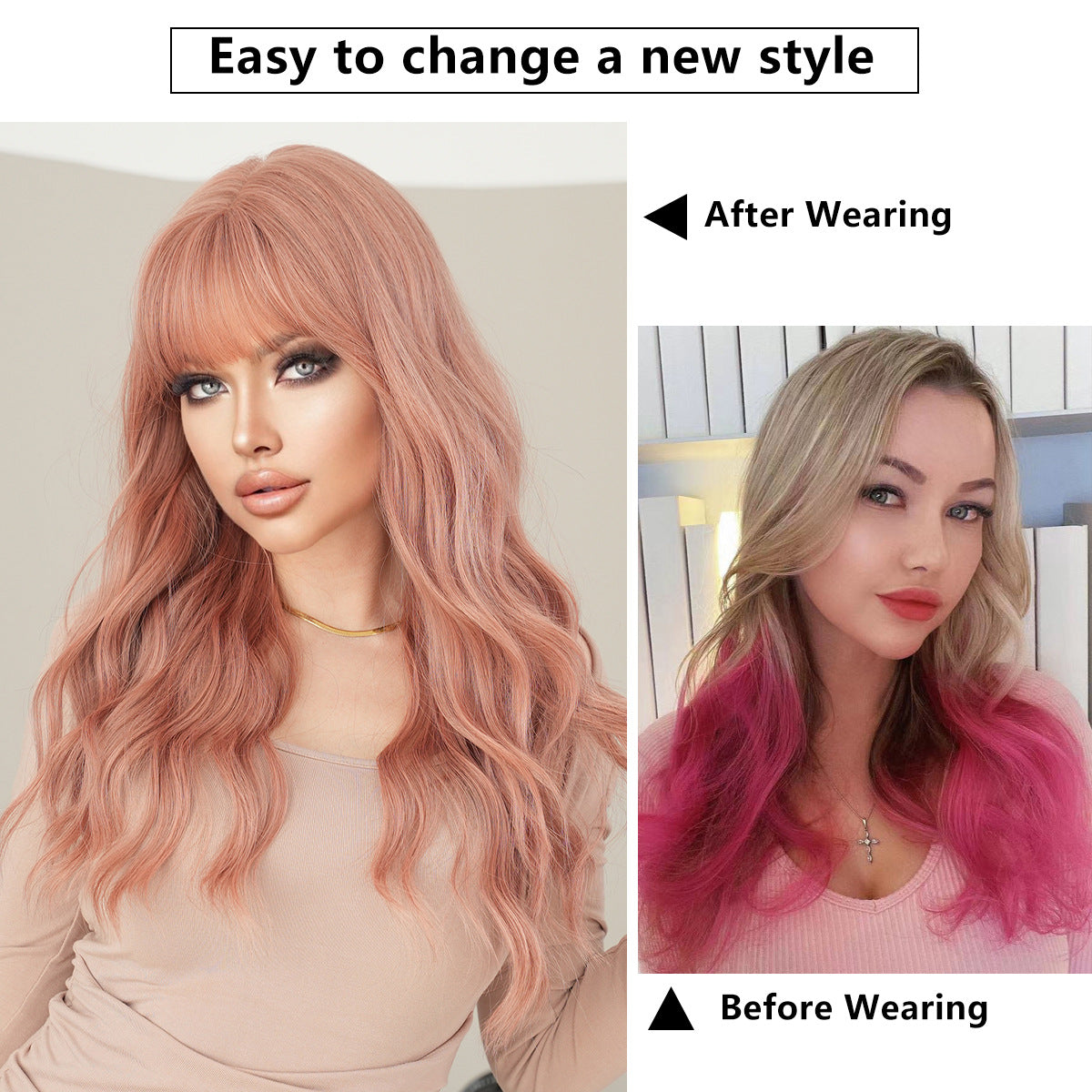 White Smoke Pink Brown Long Wavy Wig - Everyday Fashion (Viral Fluffy Bangs) (FEVERCOS)