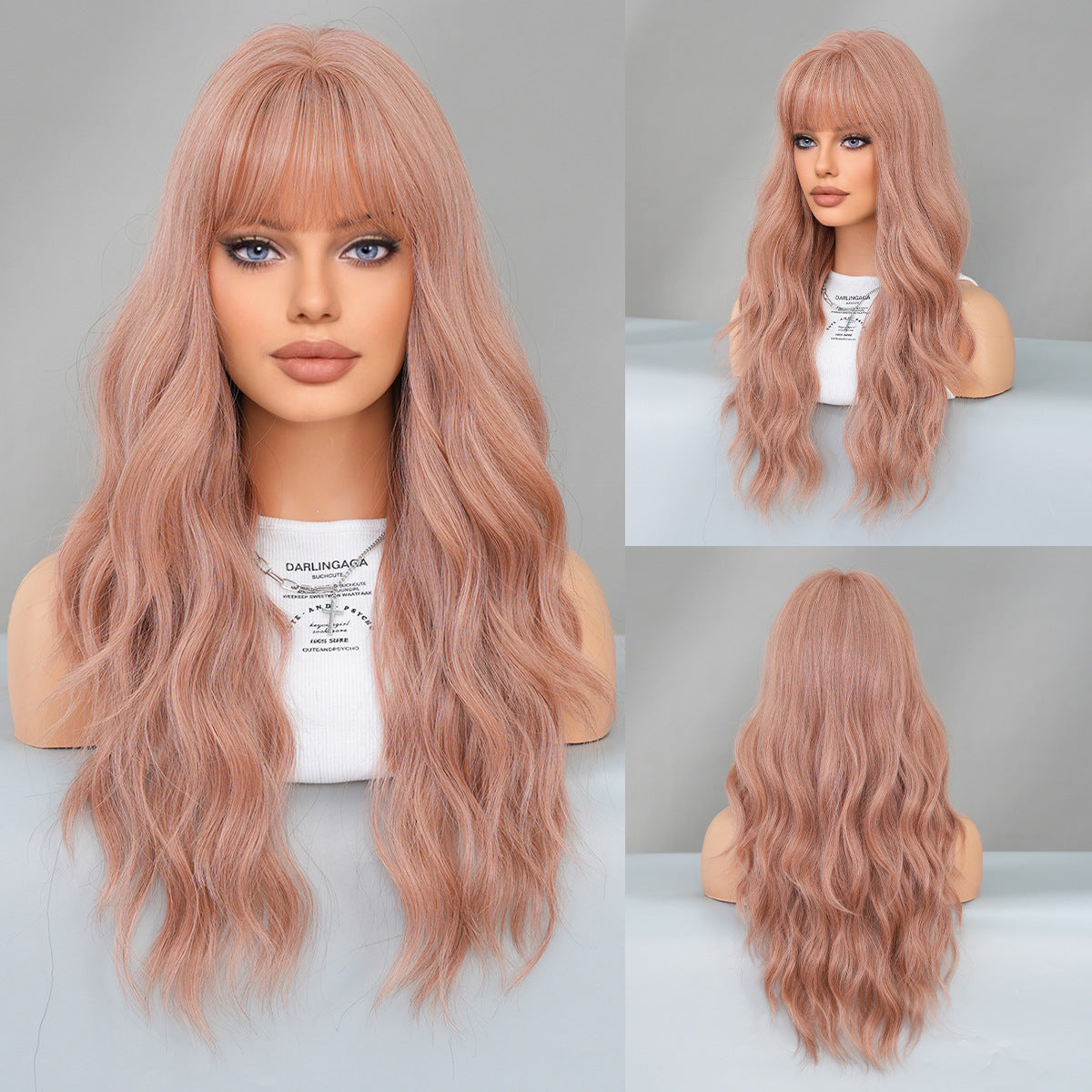 Dark Gray Pink Brown Long Wavy Wig - Everyday Fashion (Viral Fluffy Bangs) (FEVERCOS)