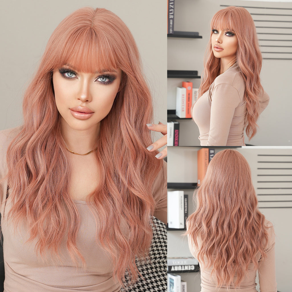 Gray Pink Brown Long Wavy Wig - Everyday Fashion (Viral Fluffy Bangs) (FEVERCOS)