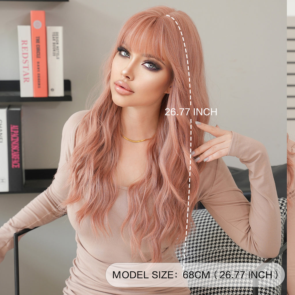 Gray Pink Brown Long Wavy Wig - Everyday Fashion (Viral Fluffy Bangs) (FEVERCOS)