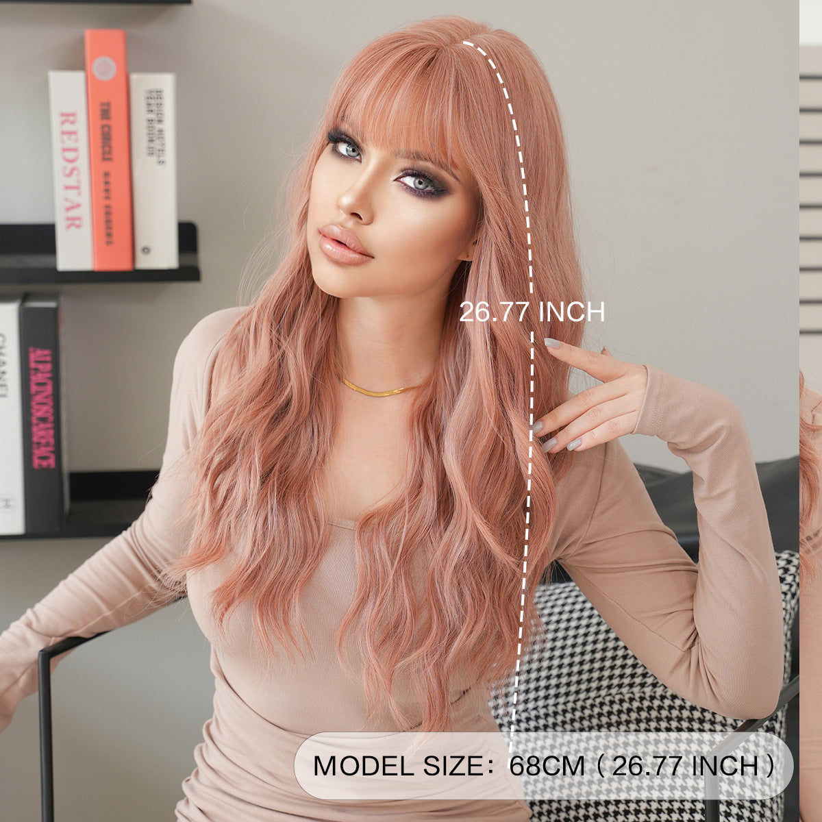 Gray Pink Brown Long Wavy Wig - Everyday Fashion (Viral Fluffy Bangs) (FEVERCOS)
