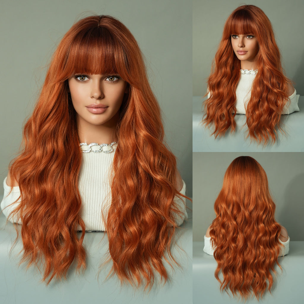 Dark Sea Green Orange Ginger Long Wavy Wig - Street Fashion (Blunt Bangs) (FEVERCOS)