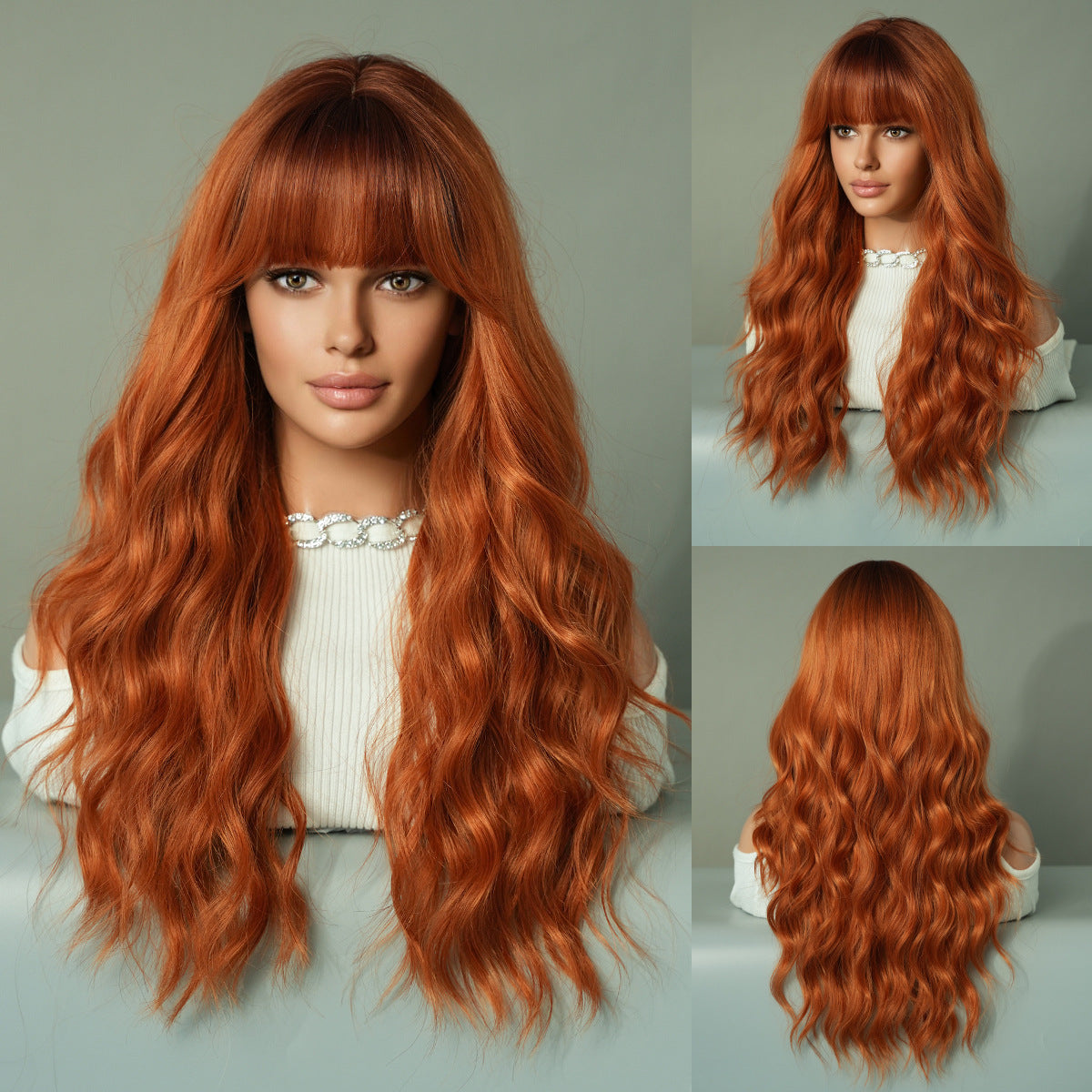 Dark Sea Green Orange Ginger Long Wavy Wig - Street Fashion (Blunt Bangs) (FEVERCOS)