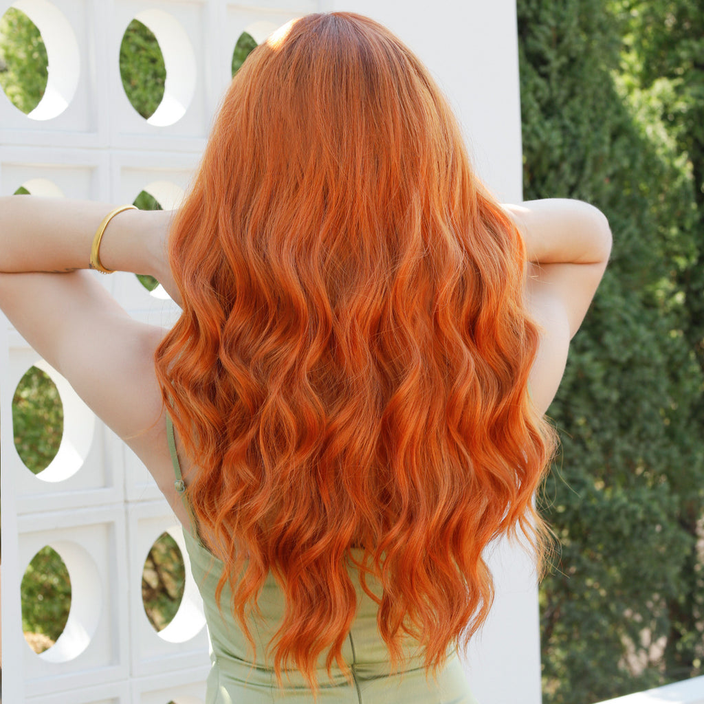 Dark Olive Green Orange Ginger Long Wavy Wig - Street Fashion (Blunt Bangs) (FEVERCOS)