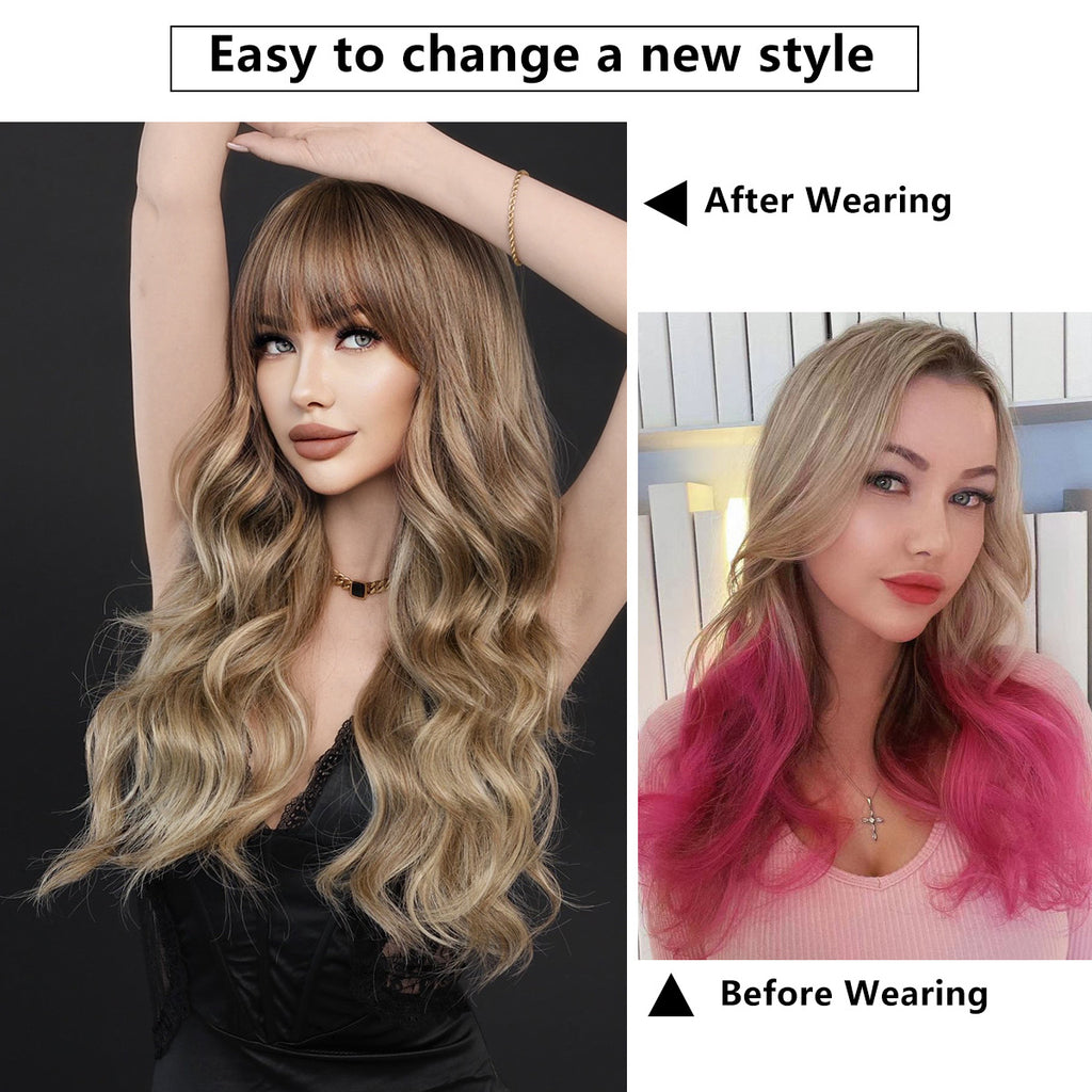 White Smoke Hazelnut Beige Brown Wavy Wig - Everyday Fashion (Air Bangs) (FEVERCOS)