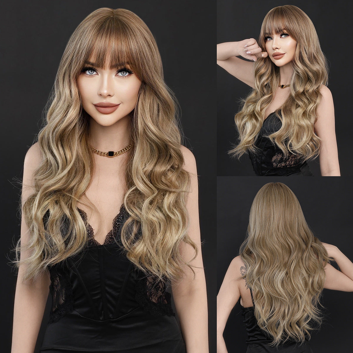 Dark Slate Gray Hazelnut Beige Brown Wavy Wig - Everyday Fashion (Air Bangs) (FEVERCOS)