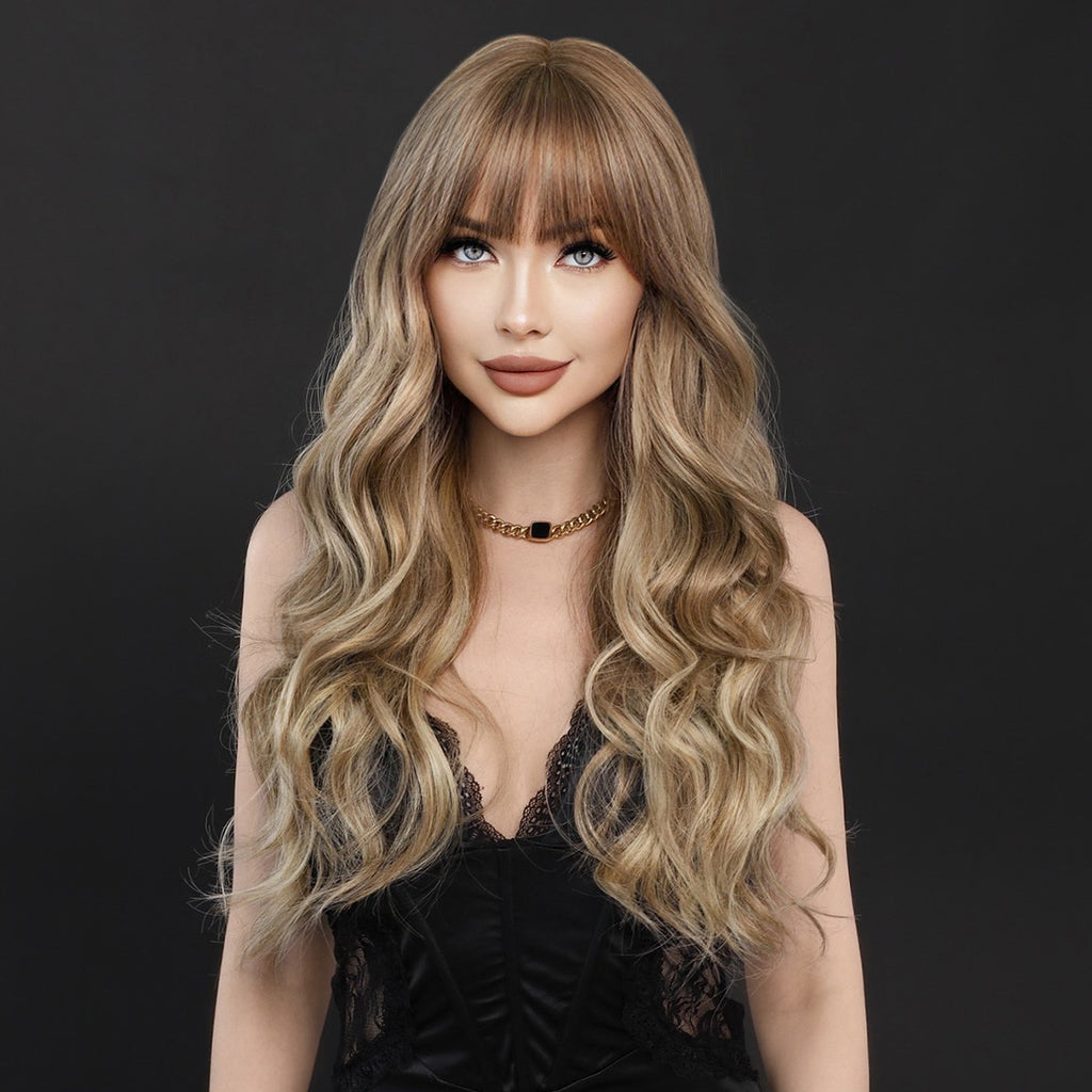 Dark Slate Gray Hazelnut Beige Brown Wavy Wig - Everyday Fashion (Air Bangs) (FEVERCOS)