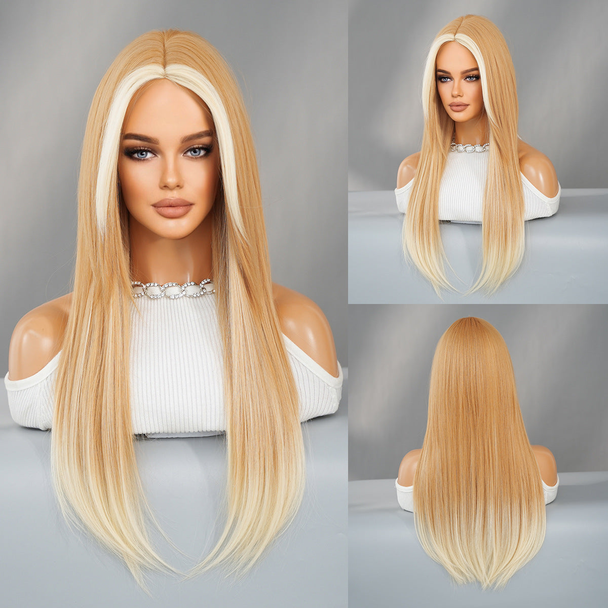 Dark Gray Skunk Stripe Milk Tea Blonde Wig - Urban Subculture (Long Straight) (FEVERCOS)
