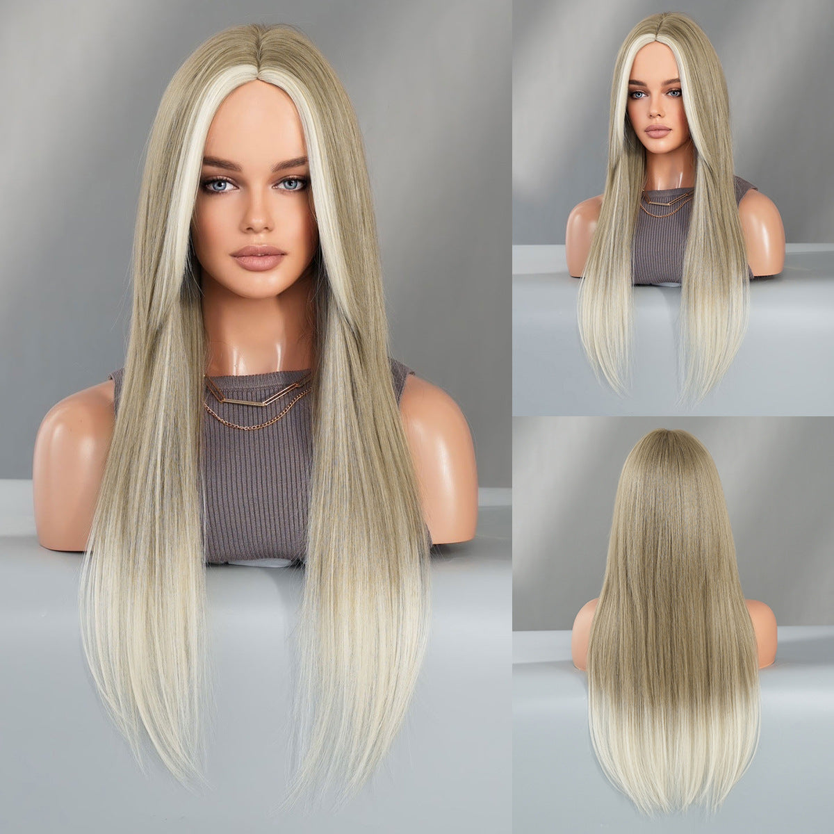 Gray Skunk Stripe Milk Tea Blonde Wig - Urban Subculture (Long Straight) (FEVERCOS)