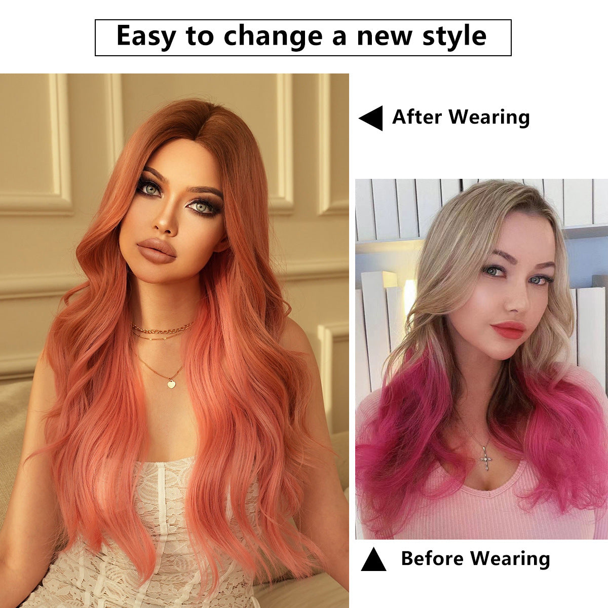 White Smoke Pink Gradient Long Wavy Wig - Party Collection (Middle Part) (FEVERCOS)