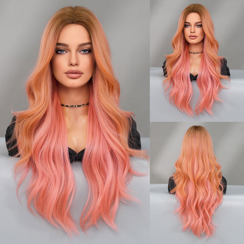 Gray Pink Gradient Long Wavy Wig - Party Collection (Middle Part) (FEVERCOS)
