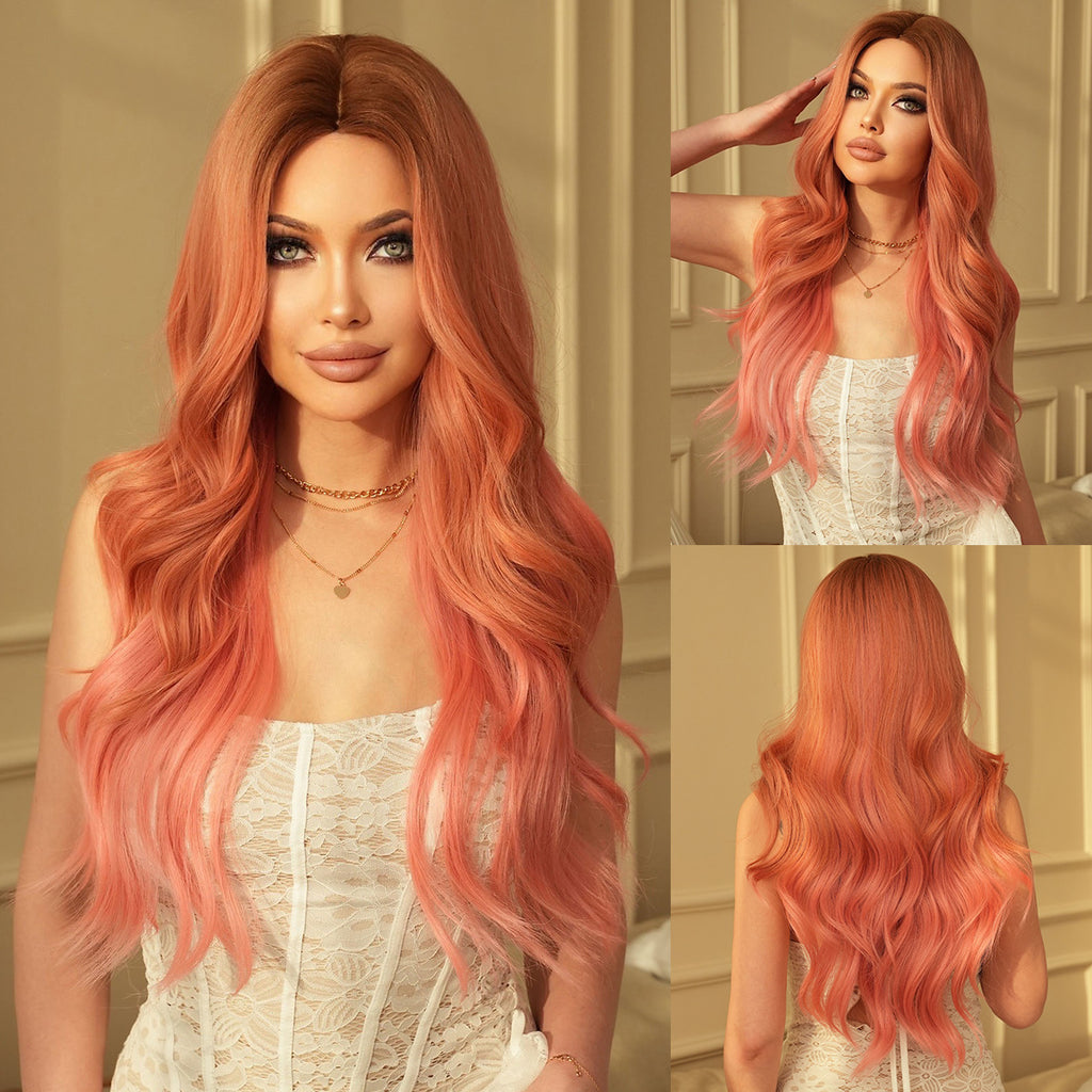 Dark Khaki Pink Gradient Long Wavy Wig - Party Collection (Middle Part) (FEVERCOS)