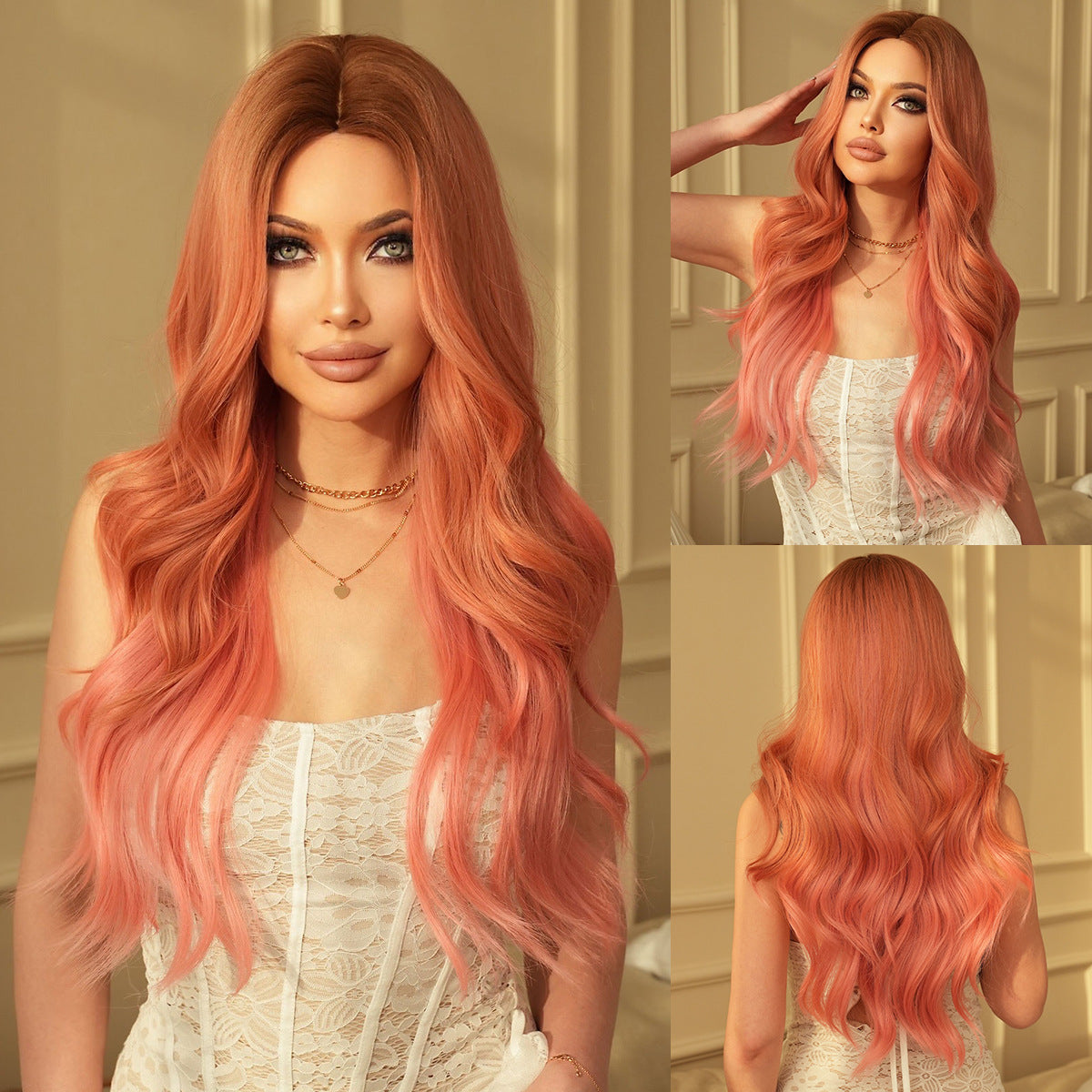 Dark Khaki Pink Gradient Long Wavy Wig - Party Collection (Middle Part) (FEVERCOS)