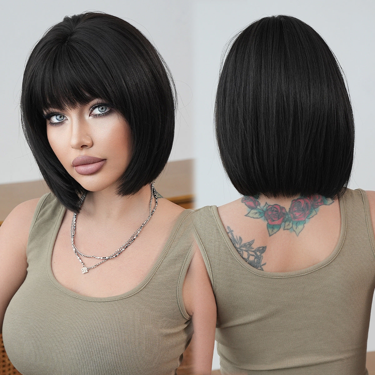 Dark Slate Gray Natural Black Korean Bob Wig - Everyday Fashion (Fluffy Short Straight) (FEVERCOS)
