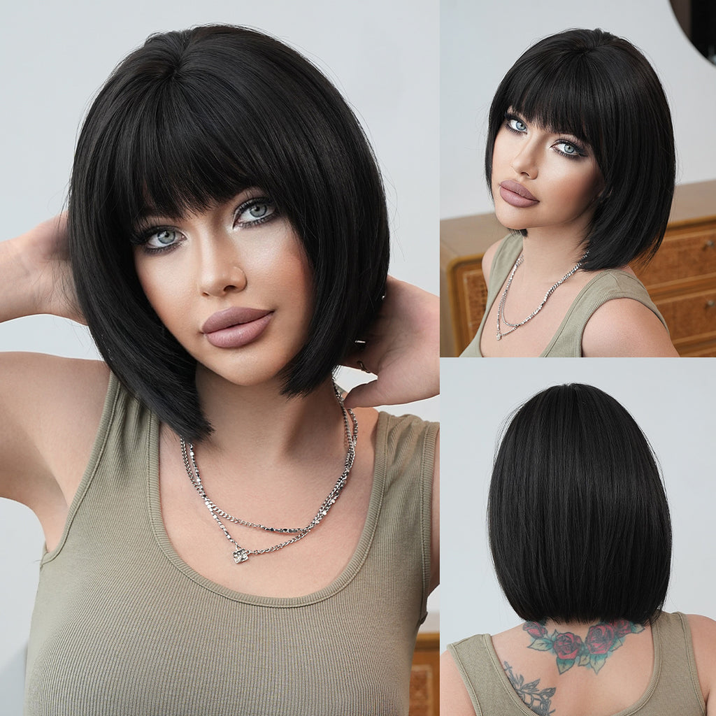 Light Gray Natural Black Korean Bob Wig - Everyday Fashion (Fluffy Short Straight) (FEVERCOS)