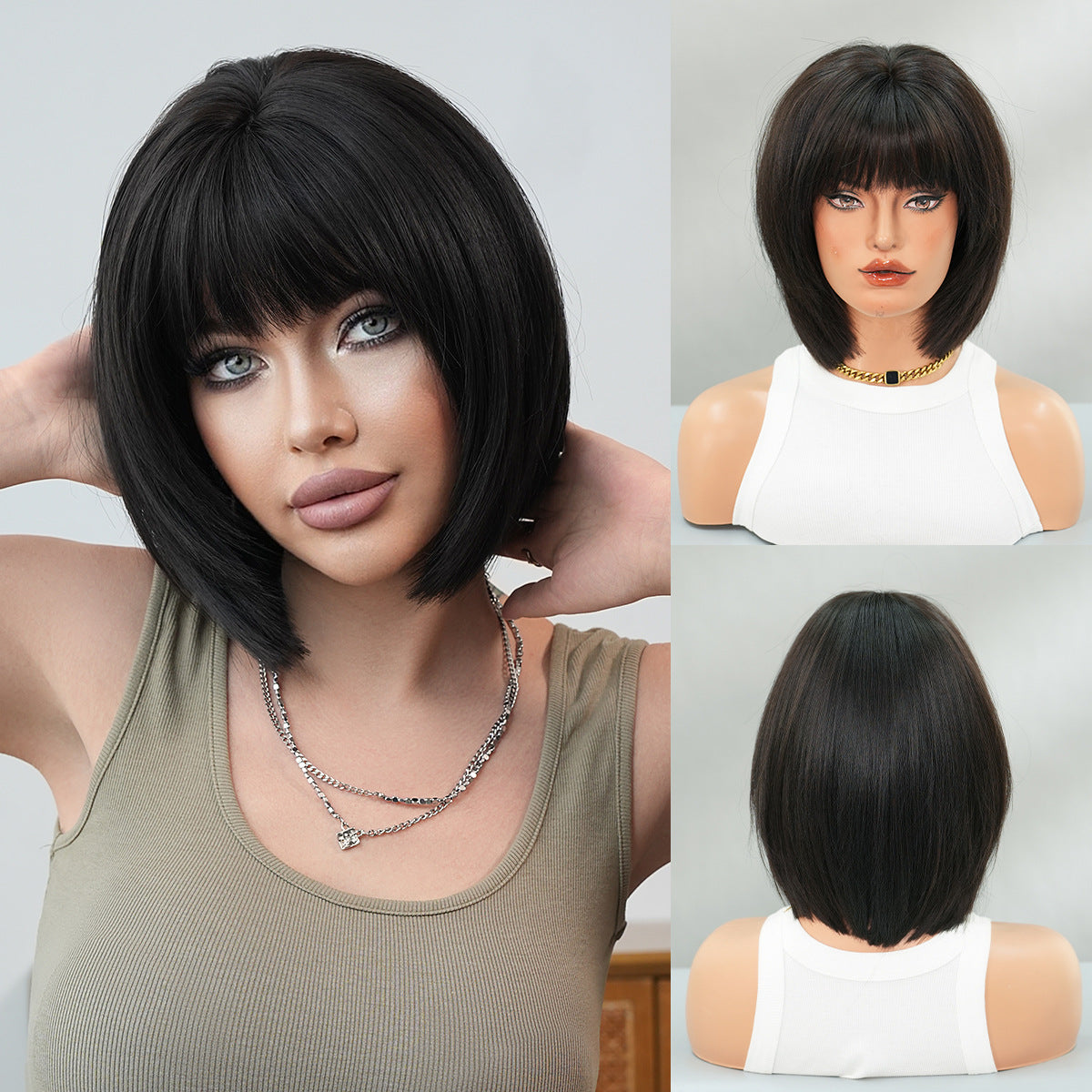 Light Gray Natural Black Korean Bob Wig - Everyday Fashion (Fluffy Short Straight) (FEVERCOS)