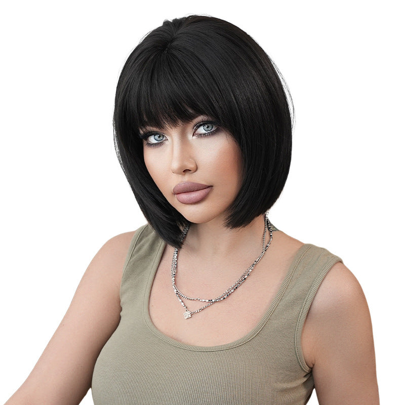White Smoke Natural Black Korean Bob Wig - Everyday Fashion (Fluffy Short Straight) (FEVERCOS)