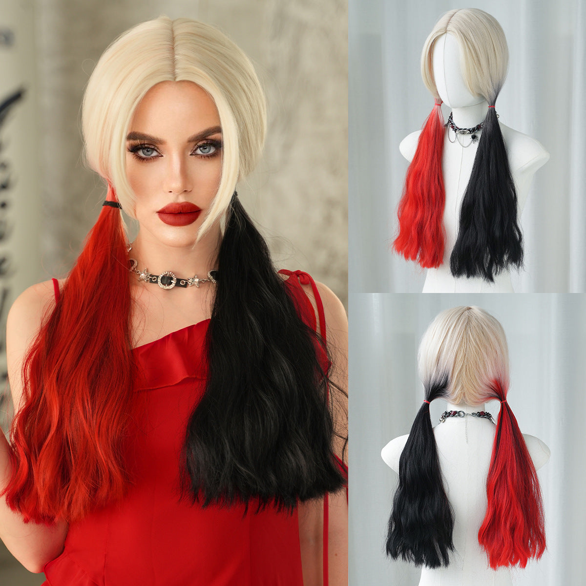 Gray Harley Quinn Cosplay Wig - Halloween Collection (Red Black Split Twin Tails) (FEVERCOS)