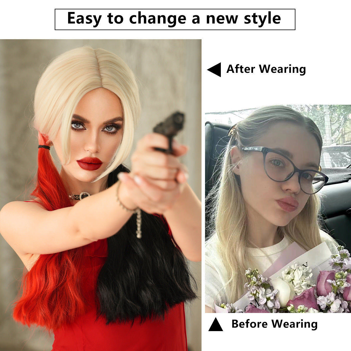 White Smoke Harley Quinn Cosplay Wig - Halloween Collection (Red Black Split Twin Tails) (FEVERCOS)