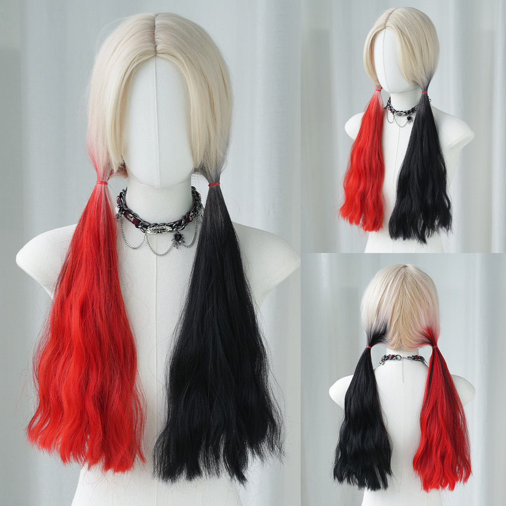 Gray Harley Quinn Cosplay Wig - Halloween Collection (Red Black Split Twin Tails) (FEVERCOS)