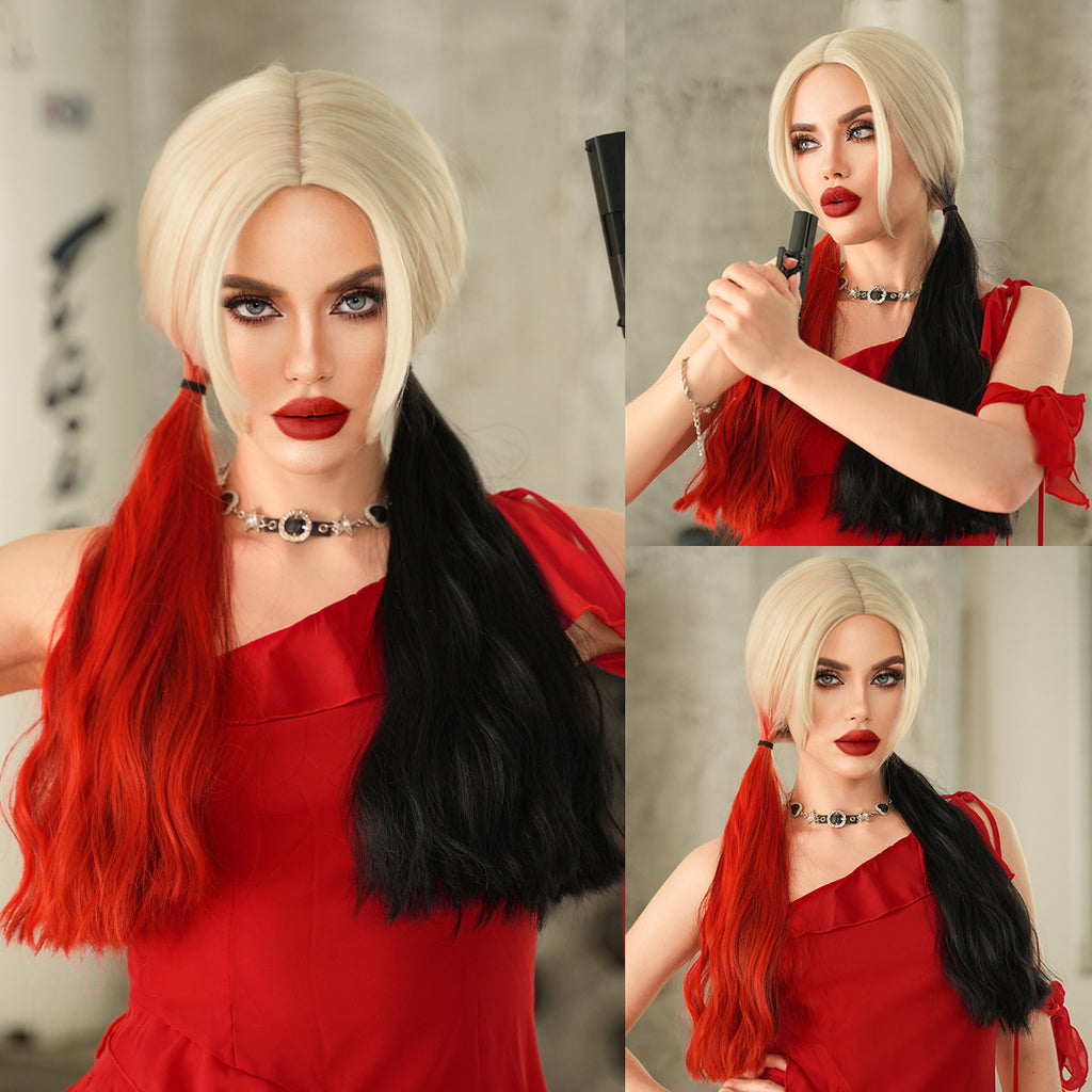 Dark Gray Harley Quinn Cosplay Wig - Halloween Collection (Red Black Split Twin Tails) (FEVERCOS)