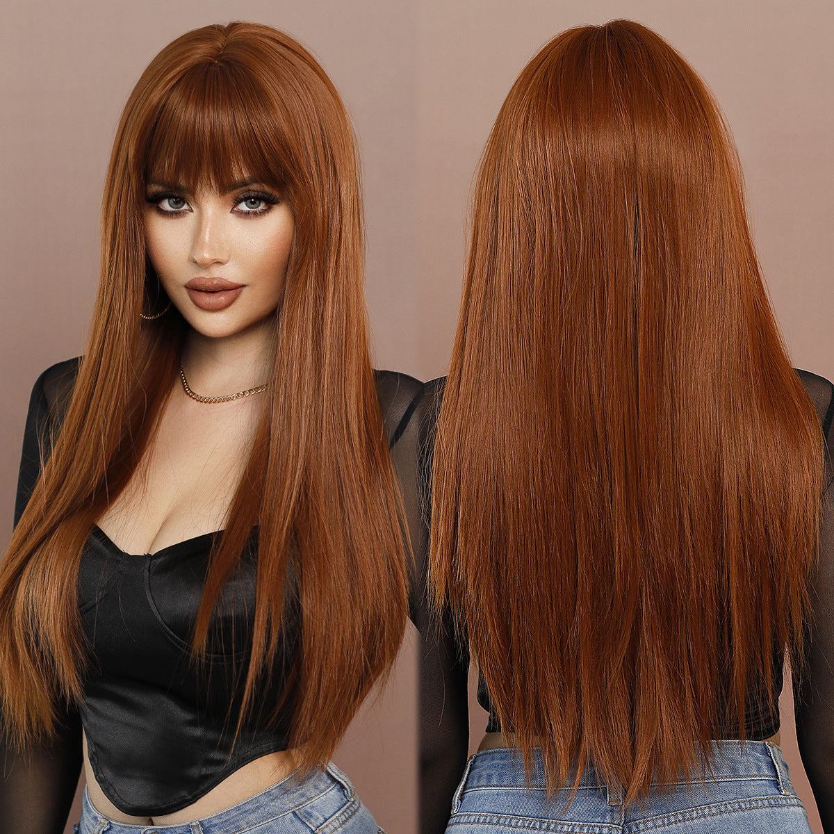 Rosy Brown Ginger Long Straight Wig - Urban Fashion (Blunt Bangs) (FEVERCOS)