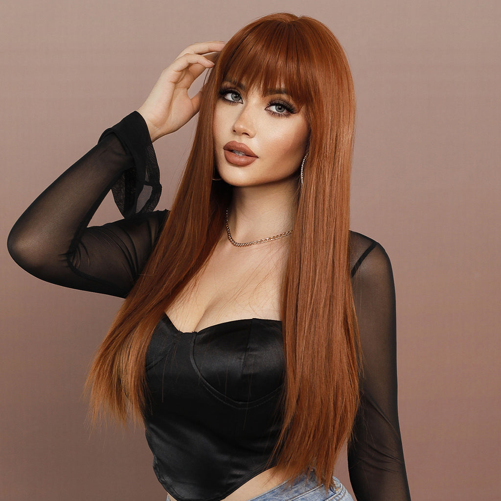 Rosy Brown Ginger Long Straight Wig - Urban Fashion (Blunt Bangs) (FEVERCOS)