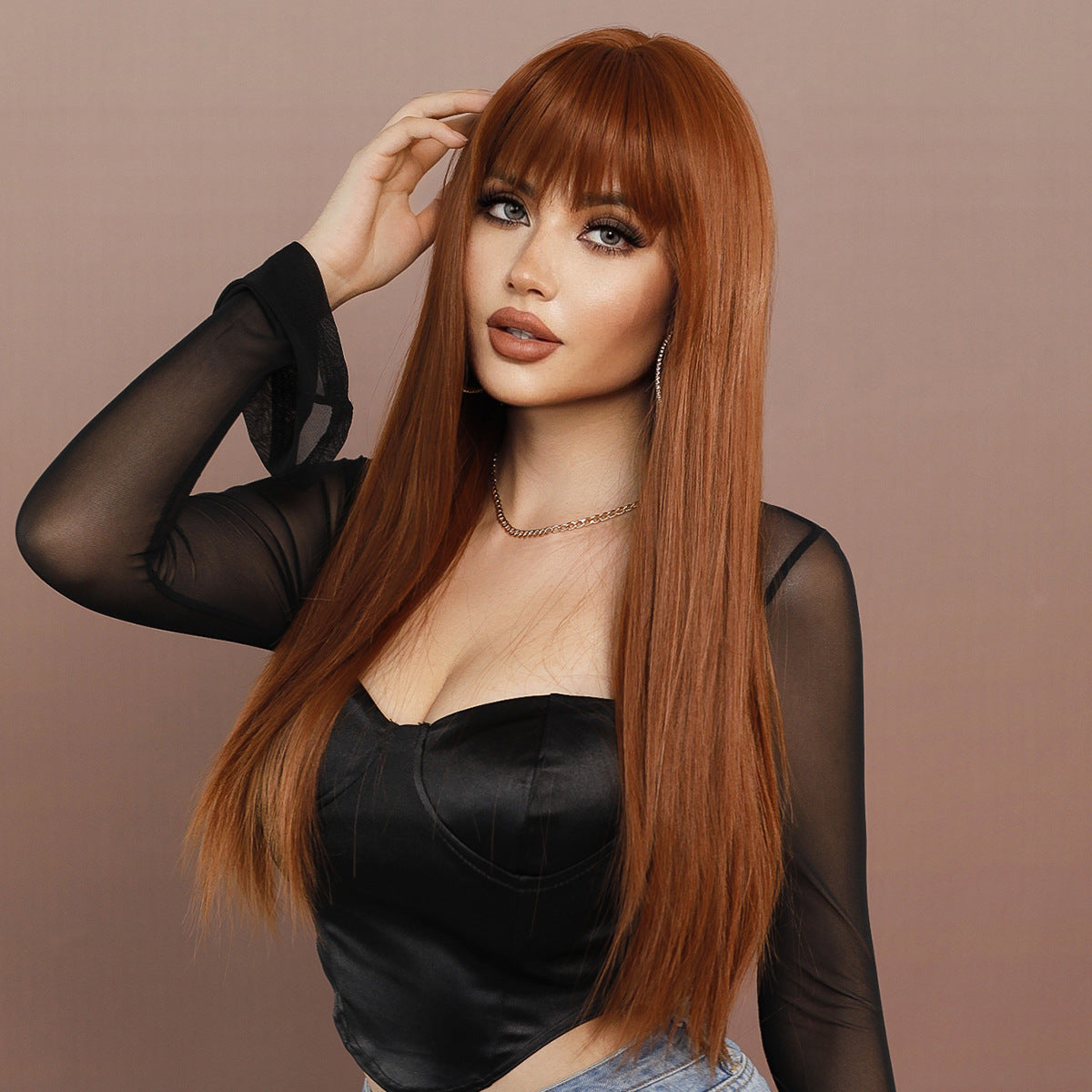 Rosy Brown Ginger Long Straight Wig - Urban Fashion (Blunt Bangs) (FEVERCOS)