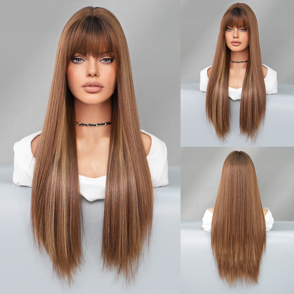 Dark Gray Ginger Long Straight Wig - Urban Fashion (Blunt Bangs) (FEVERCOS)