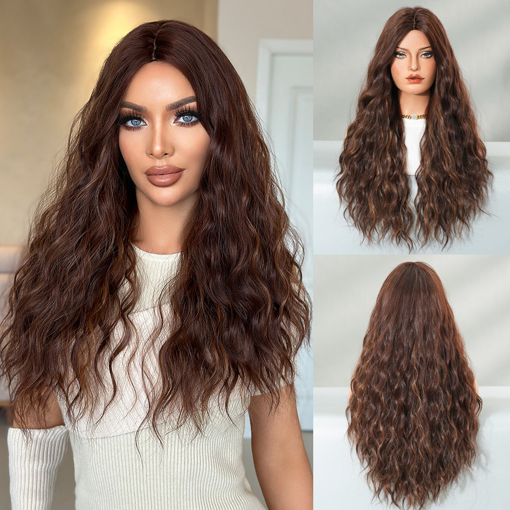 Light Gray Honey Wax Brown Long Wavy Wig - Everyday Fashion (Middle Part) (FEVERCOS)