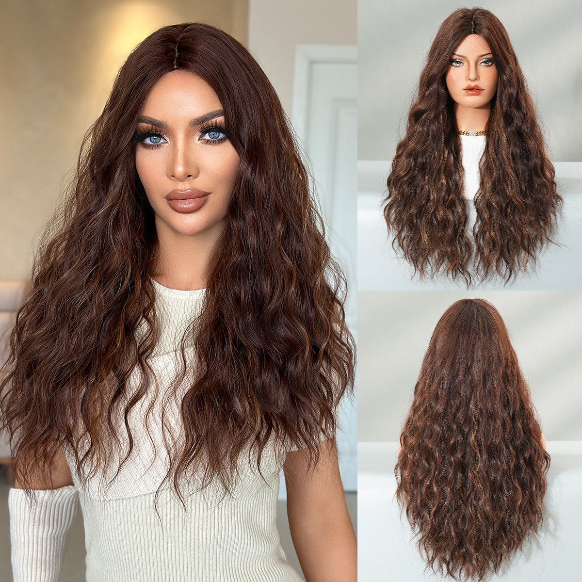 Light Gray Honey Wax Brown Long Wavy Wig - Everyday Fashion (Middle Part) (FEVERCOS)