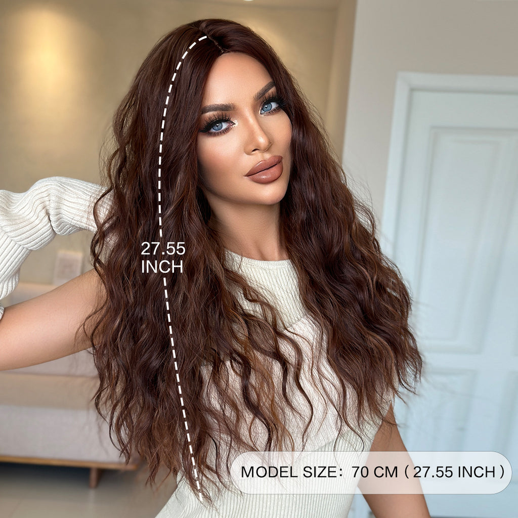 Gray Honey Wax Brown Long Wavy Wig - Everyday Fashion (Middle Part) (FEVERCOS)