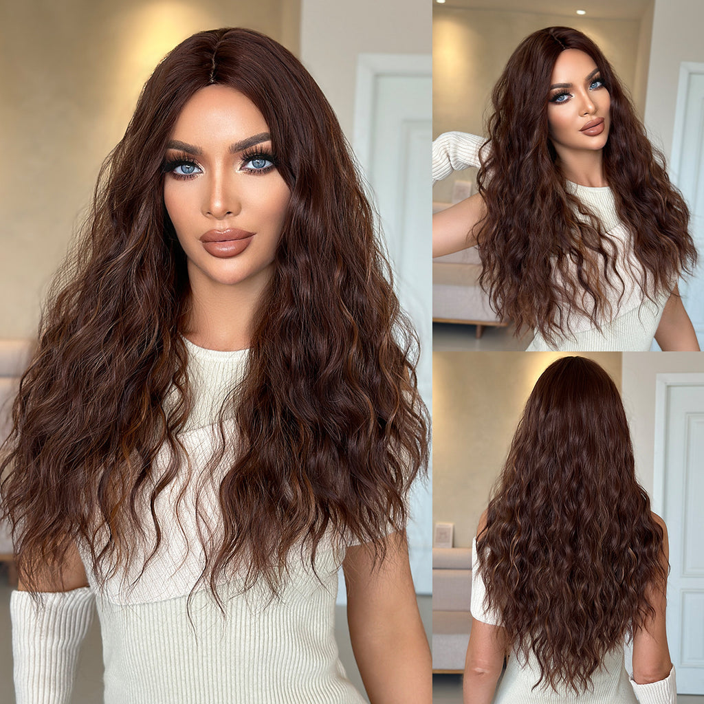 Black Honey Wax Brown Long Wavy Wig - Everyday Fashion (Middle Part) (FEVERCOS)